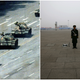 LEFT: A Beijing citizen stands passively in front of a convoy of tanks, June 1989. RIGHT: Paramilitary policeman stands guard with a shield and a stick, March 2014